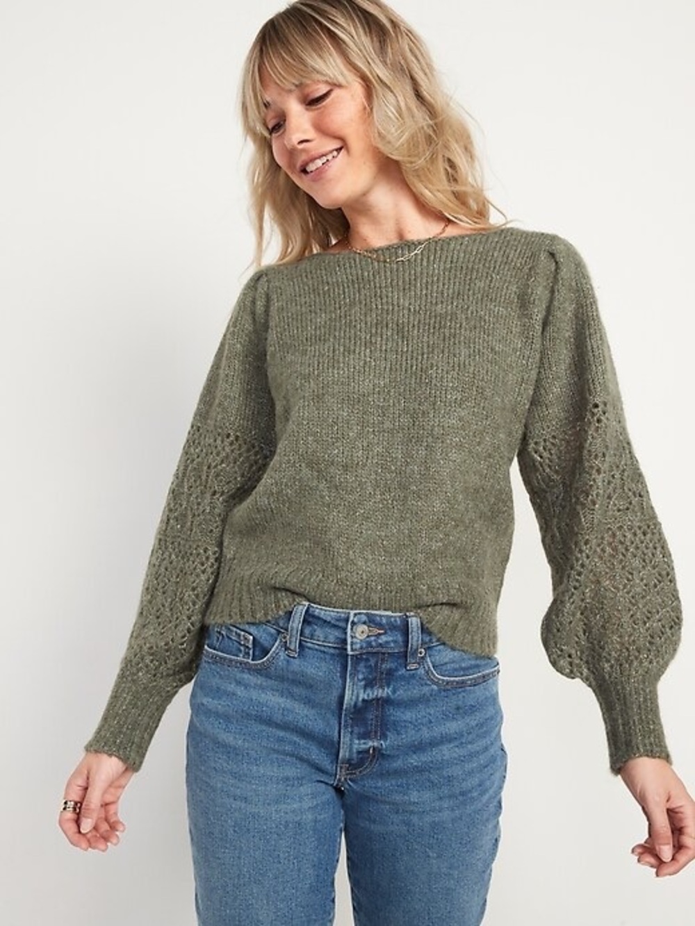 Old Navy Olive Green Sweater with Lace Knit Balloon Sleeves